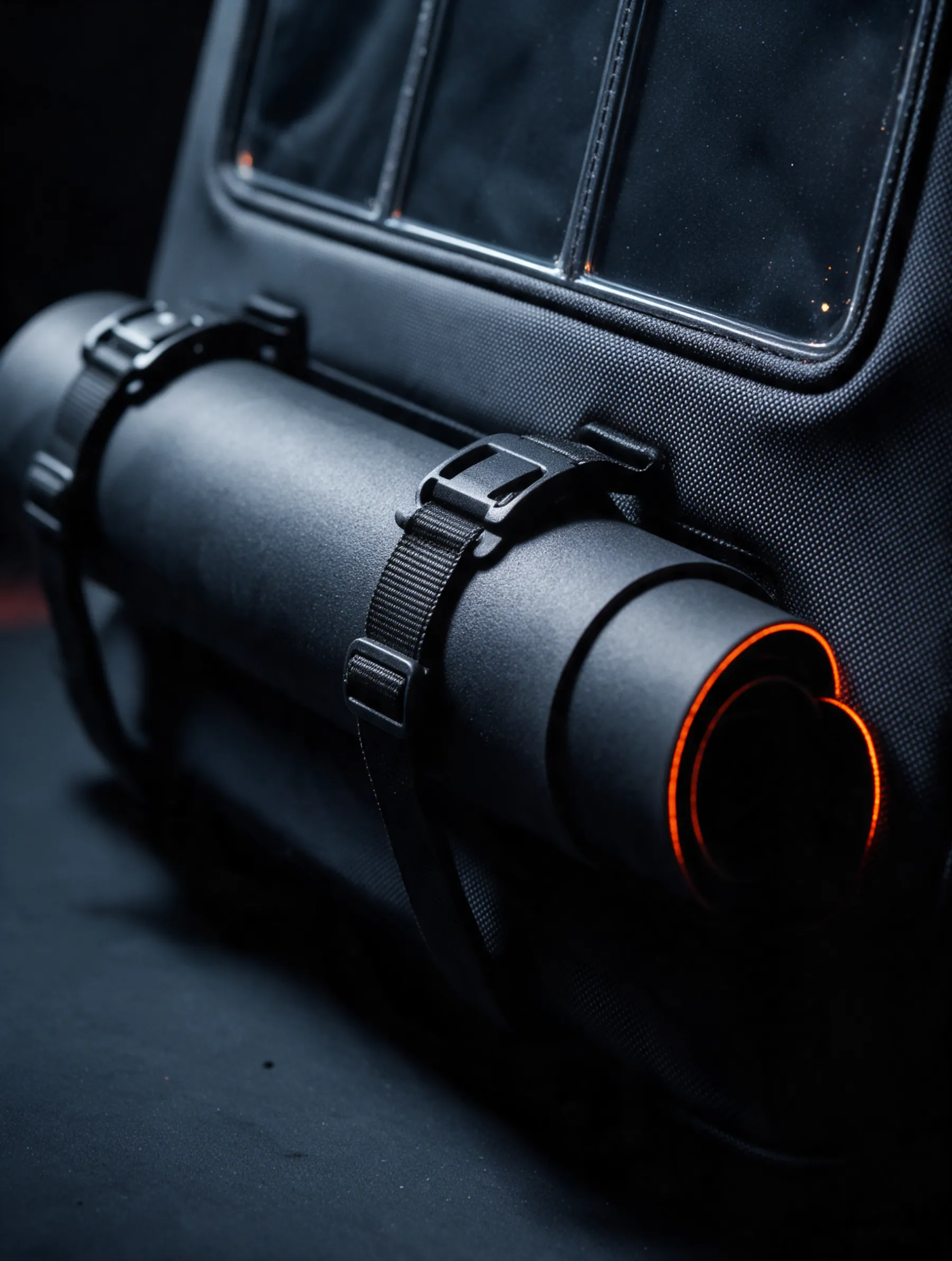 Two quick-release straps holding a rolled playmat across the front of the bag.